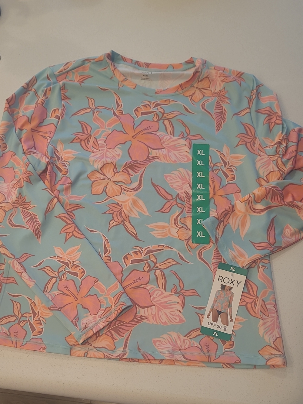 Roxy NWT Floral Long Sleeve Rash Guard in Light Blue and Peach